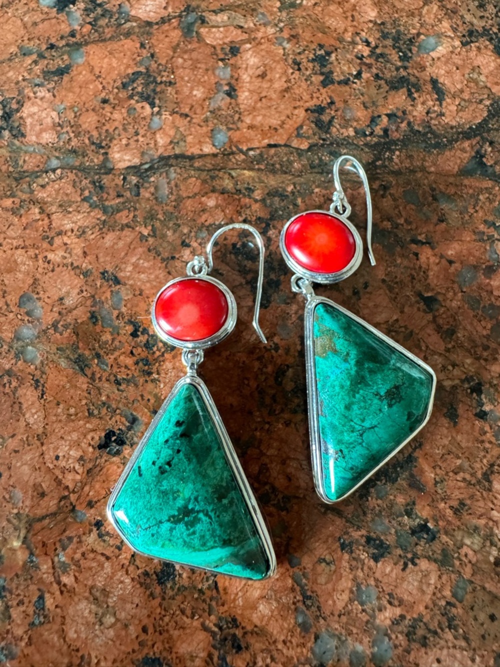 925 Sterling Silver Drop Earrings with Red Coral and Malachite Stones